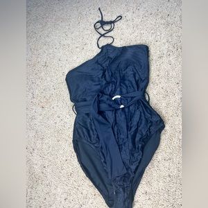 Black One Piece Baiting Suit with Belt and Neck Tie Sz. XL